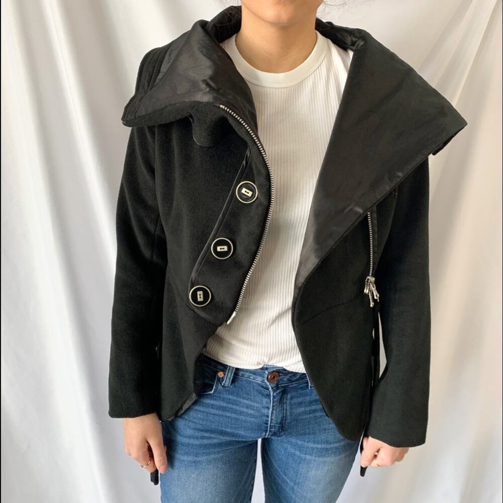 Ciao Milano Black Shawl Neck Wrap Style Pea Asymmetrical Coat Size Extra Small - Picture 5 of 12